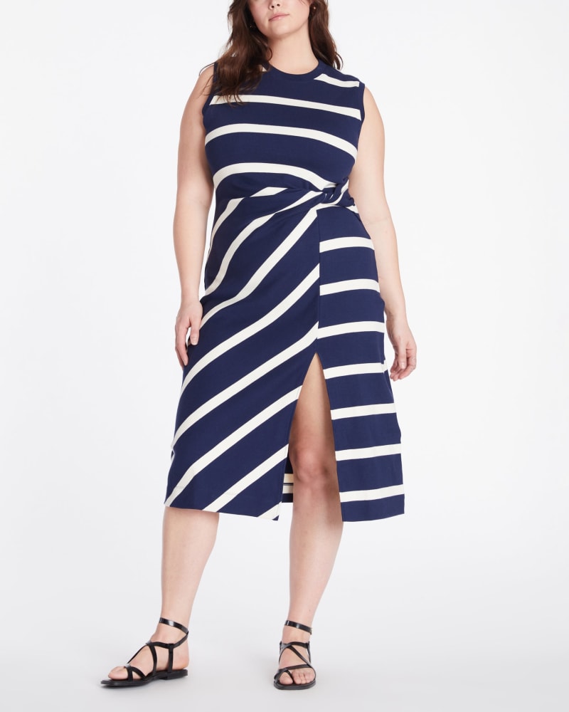 Front of a model wearing a size 3X Sleeveless Striped Cody Dress in Maritime Blue/Cream by Tanya Taylor. | dia_product_style_image_id:347060